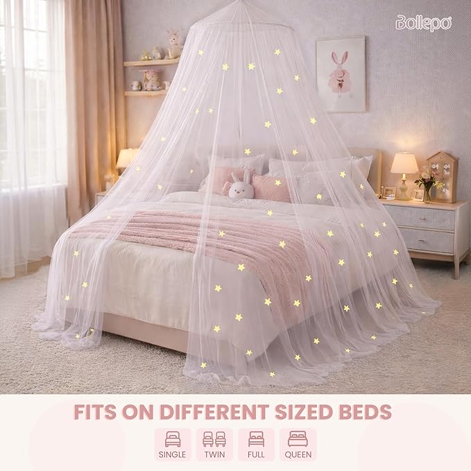 Bollepo Bed Canopy for Girls Bed with Glowing Stars - Princess Room Decor, Ceiling Net to Cover Toddler | Full, Twin Size Kids Bed, Fire Retardant Fabric (White - Stars)