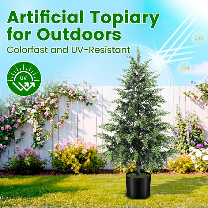 ENVEN Outdoor Artificial Topiary Cedar Tree Real Touch Faux Pine Evergreen Shrub Plant UV Resistant Greenery Tree with Pot Realistic Cypress Front Porch Decor (3FT-2Pack)