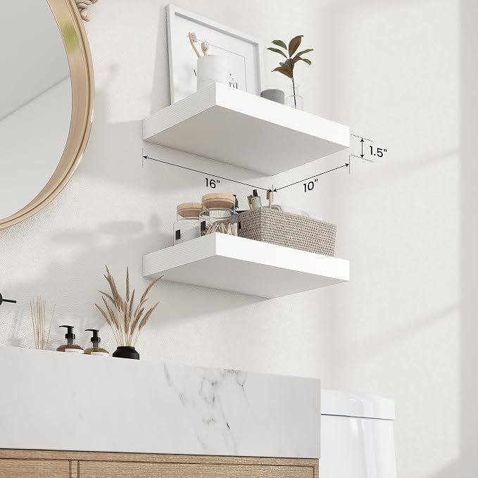 Axeman 16Inch Floating Shelves for Wall, 2 Pack Shelves for Bedroom, Bathroom, Kitchen, Hanging Wall Mounted Rustic Wood Shelf with Invisible Brackets for Books Decor, White