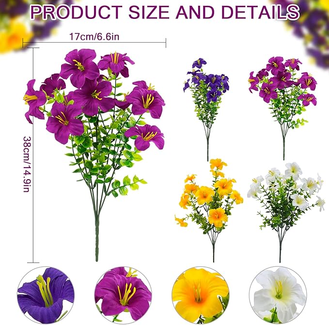 16 Pcs Faux Petunias Artificial Flowers For Outdoors, UV Resistant Fake Petunias Plants Realistic Silk Flowers for Porch Front Door Garden Window Outside Decor (16, White,Yellow,Purple,RedViolet)