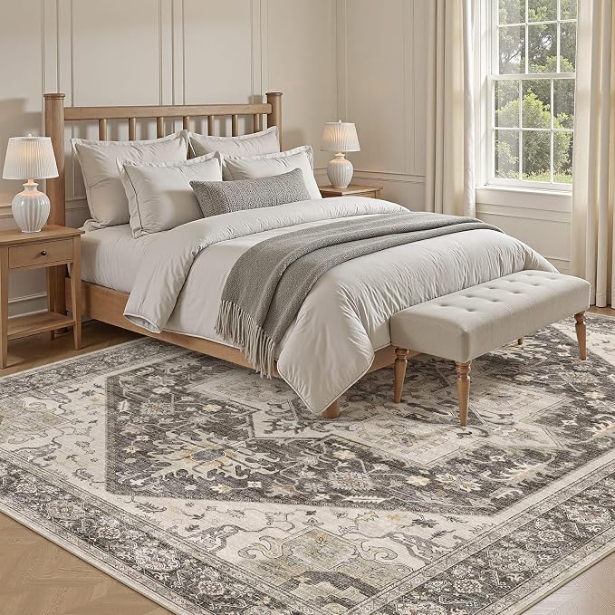 8x10 Area Rugs for Living Room - Large Carpet Ultra Thin Soft Washable Oriental Vintage Floral Distressed Big Indoor Carpets for Bedroom Nursery Dorm Home Decor Aesthetic - Dark Brown
