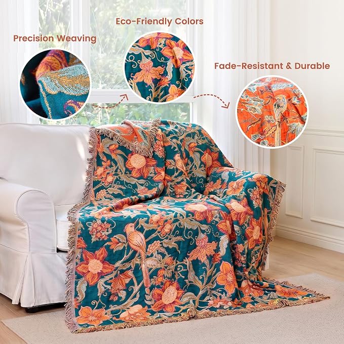 MSGKV Boho Throw Blanket for Couch Chair 100% Cotton Floral Bird Blanket 50"x60" Sofa Blankets Muslin Summer Breathable Lightweight Farmhouse Blankets Home Decor All Seasons