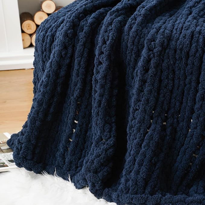Battilo Navy Chunky Knit Throw Blanket, Soft and Thick Navy Blue Chenille Throw Blanket, 50"x60" Handmade Cable Knit Crochet Blanket, Rope Knot Knitted Throw Blankets for Couch Home Decor, Navy