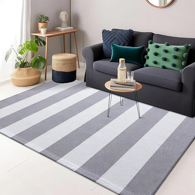 OLANLY Grey and White Striped Rug 4' x 6' – Washable Cotton Indoor Outdoor Doormat for Front Door, Entryway, Kitchen, Porch, Patio Decor