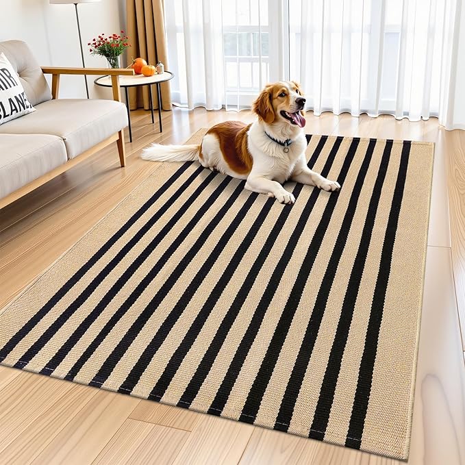 OLANLY Brown and Black Striped Rug 3' x 5' – Washable Cotton Doormat for Indoor Outdoor Use, Layered Front Porch Rug for Entryway, Kitchen, Patio