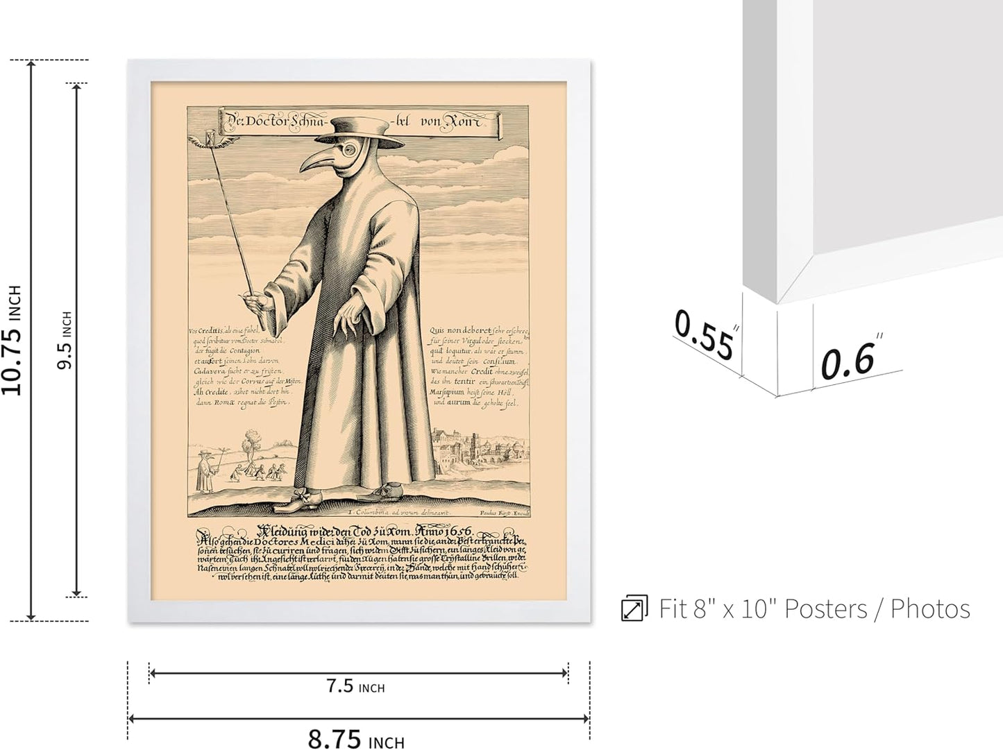 Poster Master Vintage Medieval Poster - Retro Illustration Print - Gift for Friend - Plague Doctor, Pandemic Mask, Physician, Black Death - Wall Decor for Home, Living Room, 8x10 White Framed