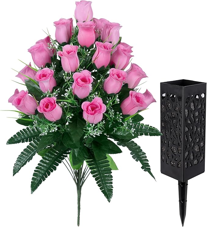 LVXINLI 2 Sets Artificial Cemetery Flowers,Outdoor Grave Decorations Roses,Beautiful Arrangements Bouquet with Cemetery Vase,Lasting and Non-Bleed Colors (Light Pink)