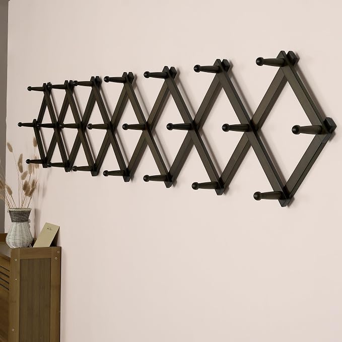 SKOLOO Accordion Wall Hanger with 22 Hooks, Modern Expandable Coat Rack Hat Rack for Wall, Solid Wooden, Dark Walnut Color