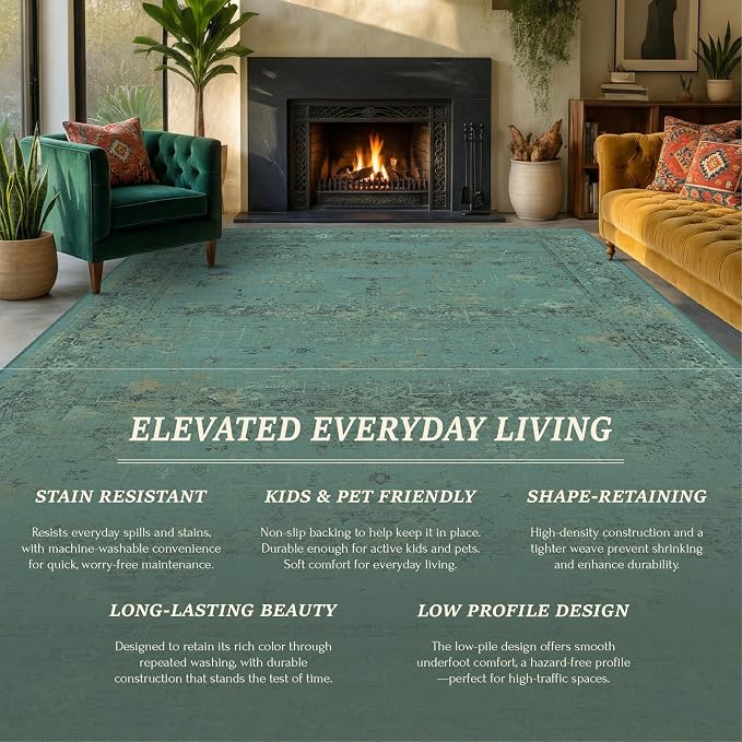 Turquoise Green 6x9 Washable Area Rug for Dining Room, Non-Slip Stain Resistant Low Pile Vintage Boho Carpet for Living Room, Distressed Teal Geometric Rug, Modern Farmhouse Décor