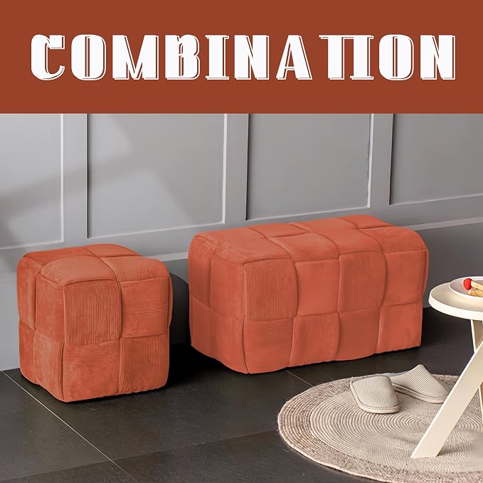 Cmishe 28" Rectangular Woven Corduroy Ottoman Footrest - Large Modern Entryway Bench & Bed End Stool, Sturdy Wood Frame, No Assembly (Orange-L)