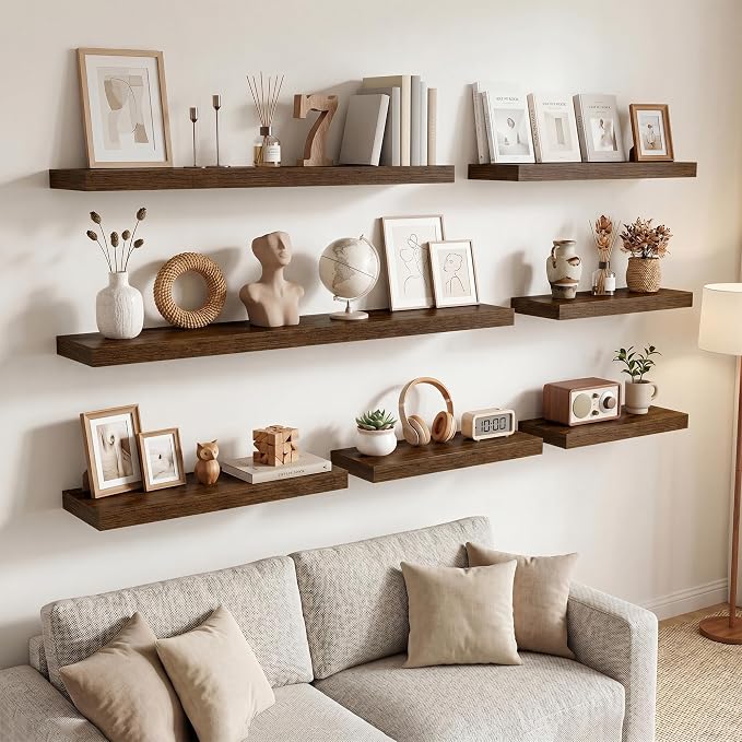 Marsmiles 55in Floating Shelves for Wall, 55" W x 9.25" D x 1.5" H, Long Wall Mounted Engineered Wood Shelves with Invisible Brackets for Living Room, Bedroom, Bathroom, Kitchen, Walnut, 2Pcs