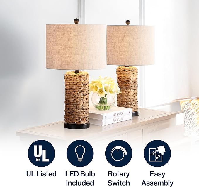 JONATHAN Y 25" Natural Coastal Water Hyacinth Table Lamp Set of 2, Bedside Lamp with Light Grey Linen Shade, Boho Farmhouse Decor for Living Room Nightstand, LED Bulbs JYL6502A-SET2