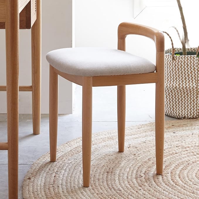 Vanity Stool-Natural Beech Wood Vanity Chair, Wooden Chair for Vanity with Upholstered Cushions for Living Room, Bedroom, White