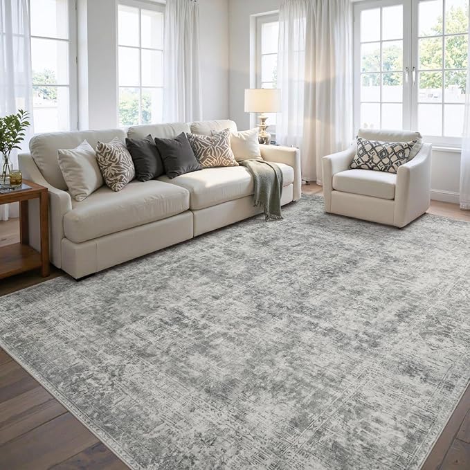 Rugxara 5x7 Area Rugs for Living Room Bedroom, Grey Washable Rug, Neutral Abstract Boho Rug, Non Slip & Low Pile Faux Wool Carpet for Indoor Dining Room and Farmhouse(Grey 5x7ft)