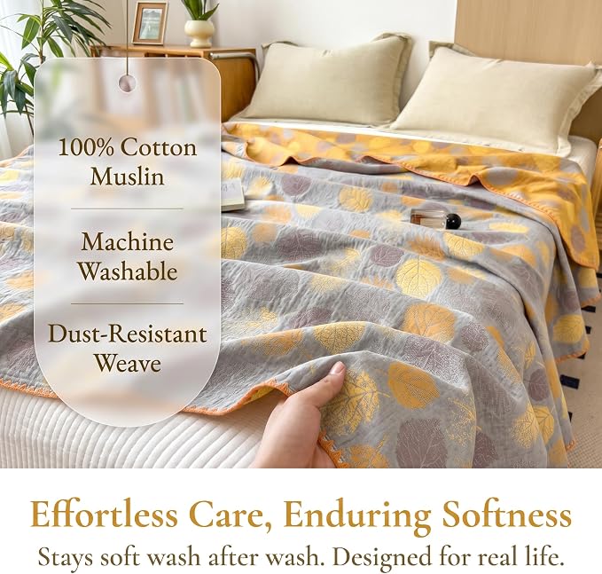 NIDITW Checkerboard Cotton Muslin Throw Blanket for Couch 6-Layer Checkered Gauze Blanket Soft Breathable All Season for Couch Bed Sofa (Yellow Leaves, Twin)