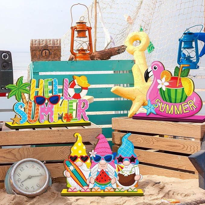 Cinnvoice 6 Pcs Summer Table Decorations Wooden Table Centerpieces Rustic Wood Tabletop Sign Decorations for Home Kitchen Office Farmhouse Desk Shelves Party Tiered Tray Decor