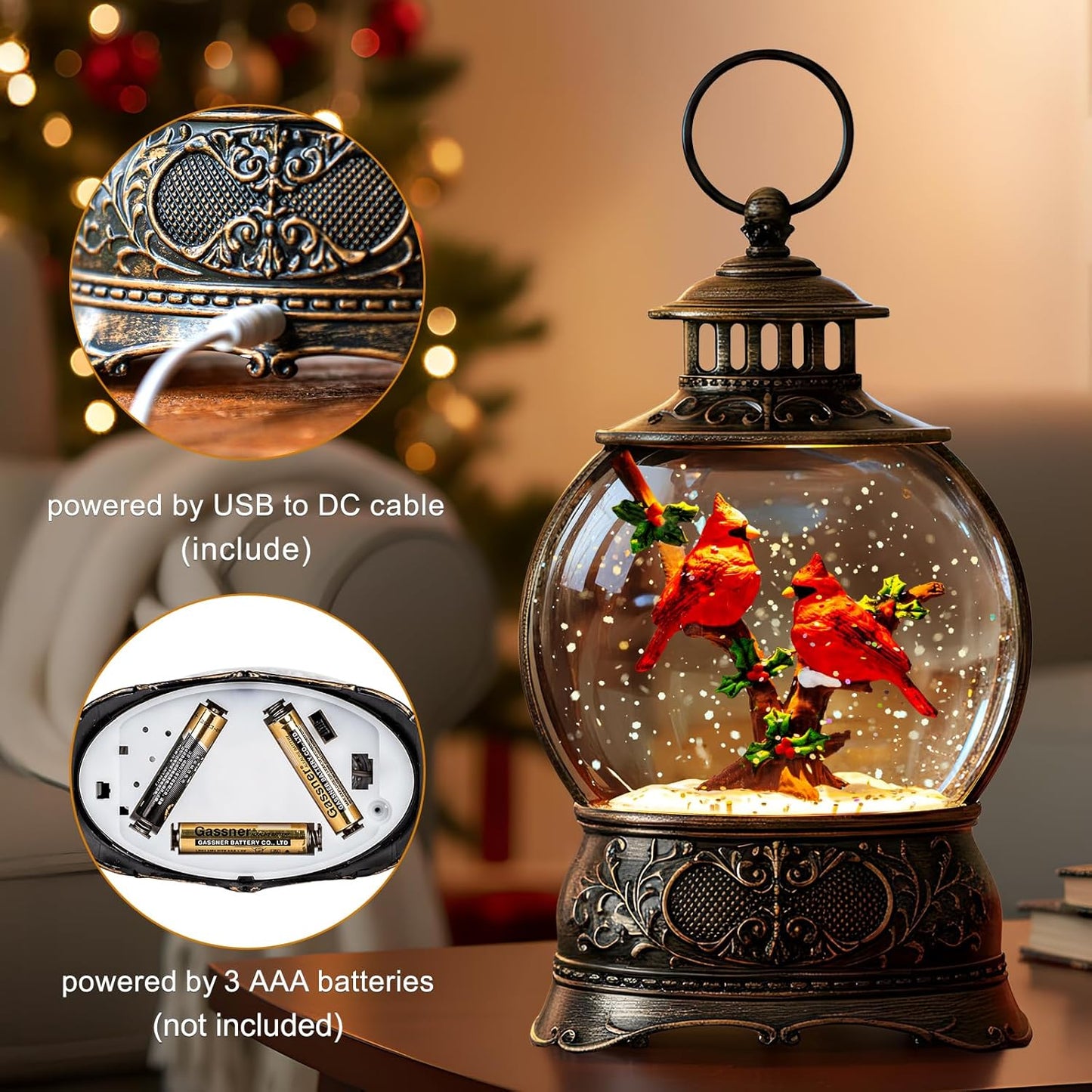 Cardinal Christmas Snow Globe Lantern Water Glittering Christmas Tree with Red Truck, USB Lined and Battery Operated Lighted Lantern for Christmas Festival Decoration Gifts