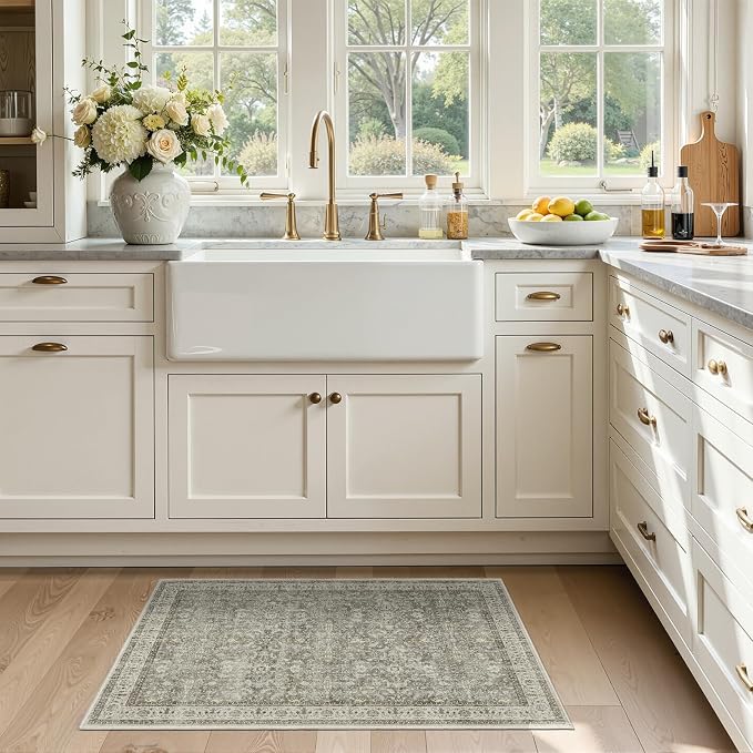 Modern Faromhouse Neutral Entryway Rug 2x3, Washable Non Slip Kitchen Bathroom Rugs, Transitional Small Rug for Bedroom Soft French, Low Pile Thin Door Mat Indoor Entrance, Gray/Beige/Olive