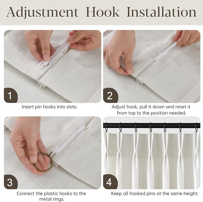 60 Inch Extra Wide Pinch Pleated Curtains 90 Inch Length for Living Room Large Window Drapes Light Filtering Privacy for Bedroom Back Tab with Hooks Clip Rings Natural 60W x 90L