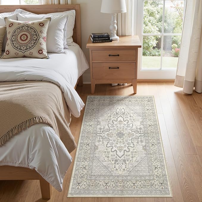 Tortania Area Rug Living Room Rugs - 3x5 Washable Rug Vintage Oriental Distressed Farmhouse Small Thin Indoor Carpet for Living Room Bedroom Under Dining Table Home Office - Beige Linen