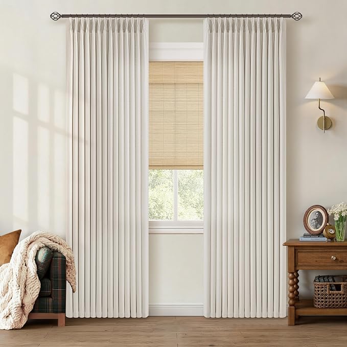Thick Linen 80 Inch Pinch Pleated Curtains for Living Room Bedroom 2 Panels Pinch Pleat Drapes Back Tab Light Filtering Semi Sheer Ceiling Floor Custom Length Curtain Dining Room Office Cream Natural