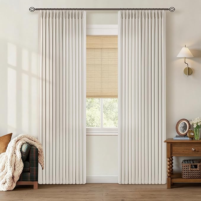 Cream Pleated Linen Curtains 86 Inch Length for Living Room Pinch Pleat Back Tab Farmhouse Textured Neutral Natural Light Filtering Semi Sheer Curtain Drapes for Dining Room Office 86 Long 2 Panels