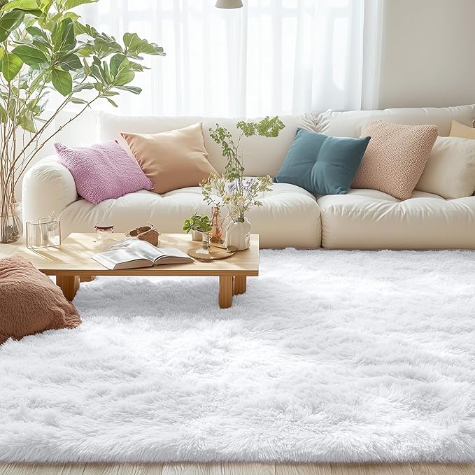 OLANLY 6x6 Area Rugs for Living Room Bedroom, Machine Washable Soft Fluffy Shaggy Bedside Rug, Indoor Floor Carpet for Kids Girls and Boys, Dorms, Nursery Rooms, Home Decor Aesthetic, White