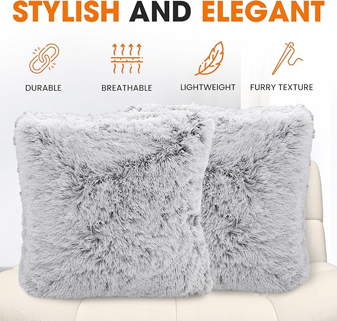 Cheer Collection Throw Pillows for Couch and Bed, Soft Shaggy Throw Pillows with Inserts Included, Cozy Long Hair Faux Fur Pillows - Set of 2-26" x 26" Gray
