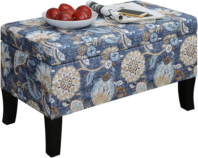 Convenience Concepts Designs4Comfort Winslow Storage Ottoman Bench 32" - Transitional Upholstered Footstool & Seat, for Living Room, Entryway, Hallway, & Bedroom, Indigo Flora Fabric