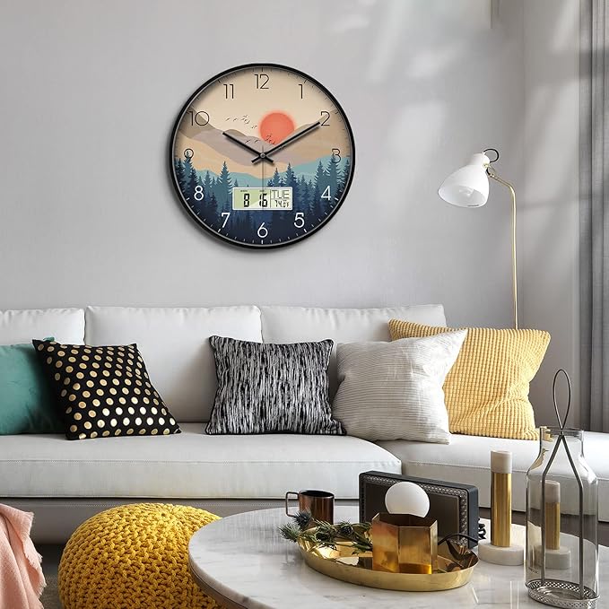 14 Inch Wilderness Sunset Wall Clock, Silent Non-Ticking Battery Operated Analog Clock with LCD Date, Day & Temperature Display, Modern Wall Clock for Living Room, Home Office, Bedroom, Farmhouse