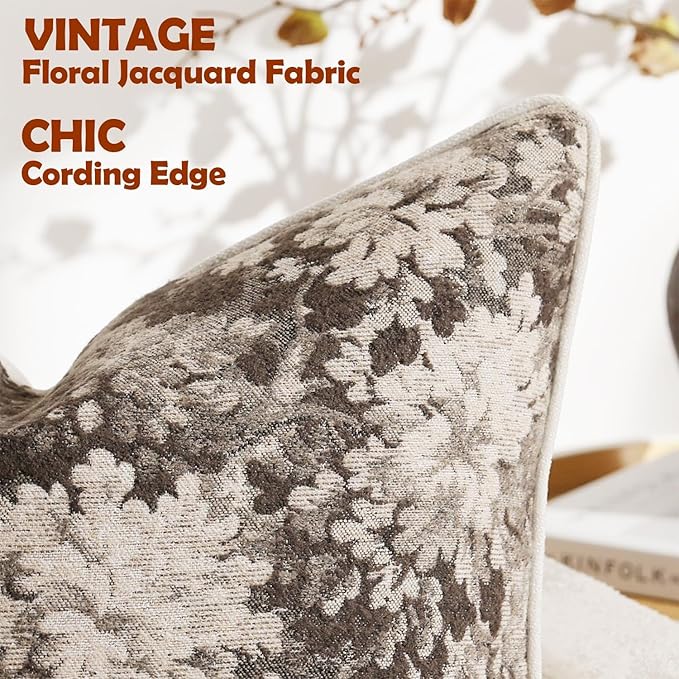 DEZENE Pack of 2 Vintage Floral Throw Pillow Covers 18x18 Boho Farmhouse Accents Chenille Square Decorative Pillow Cases for Living Room Couch Bed Home Decor, Grey