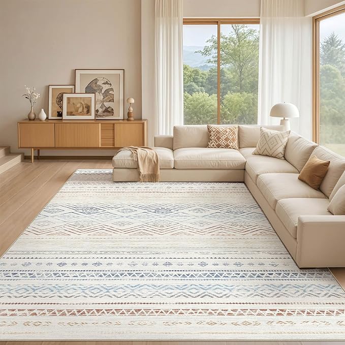 Tortania Area Rug Living Room Rugs- 10x14 Washable Large Soft Neutral Boho Moroccan Bohemian Farmhouse Rug Indoor Floor Carpet for Bedroom Under Dining Table Home Office Decor - Multicolor