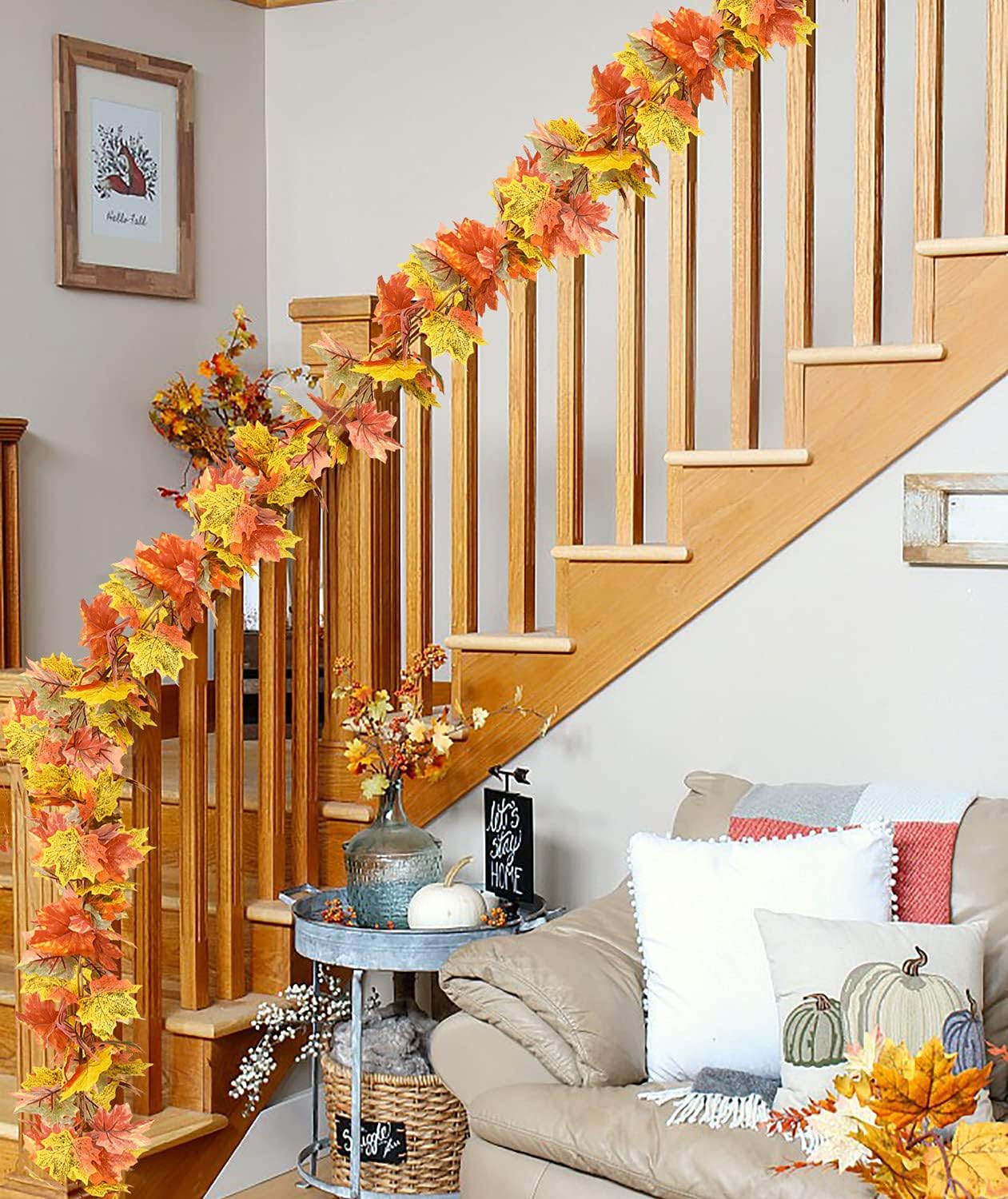 DearHouse 2 Pack Fall Garland Maple Leaf, 5.9Ft/Piece Hanging Vine Garland Artificial Autumn Foliage Garland Thanksgiving Decor for Home Wedding Fireplace Party Christmas (Light Green)