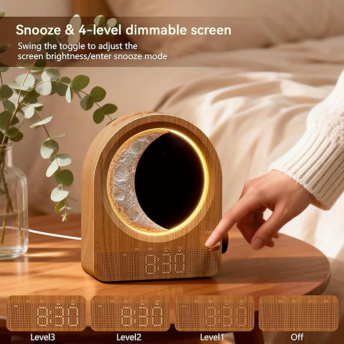 blonbar Sunrise Alarm Clocks with Dimmable Moon Lamp, 2 Alarm Clocks with 12Levels Volume for Heavy Sleepers, 10 Natural Sounds with 30/60/90mins Timer for Bedrooms, Gifts for Women (brown woodgrain).
