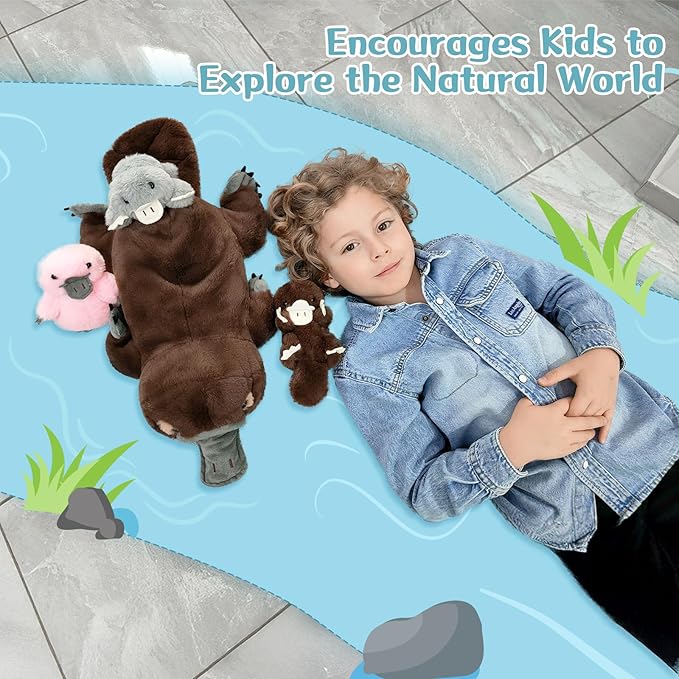 MorisMos 22inch 4Pcs Giant Platypus Plush, Mommy Platypus Stuffed Animals with 3 Baby, Large Realistic Plush Gifts Kids Boys Girls, Brown