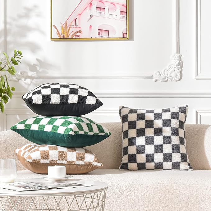 WACOMECO Decorative Throw Pillow Covers - Soft Sherpa Checkerboard Cushion Covers Faux Fur Pillow Cases for Sofa Bedroom Livingroom Car, 20 x 20 in, Grey and Off White