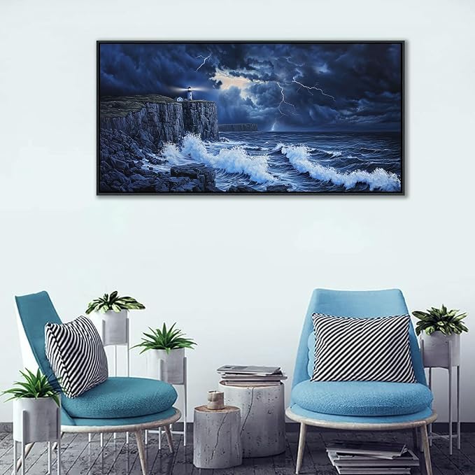 Navy Blue Wall Art - Ocean Canvas Lighthouse Painting Framed Coastal Wall Decor Artwork for Living Room,Stormy Seascape Picture for Bedroom,Office Decoration Size 20x40 inches