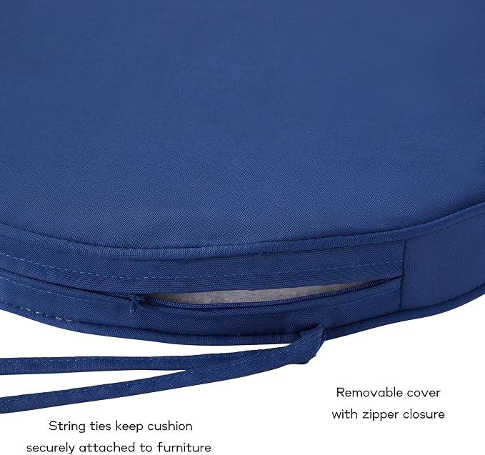 Set of 2 Outdoor 18 inch Round Patio Dining Chair Pads – Comfortable Fiber-Filled Seat Cushions with Ties, Reversible Polyester Fabric, Marine Blue