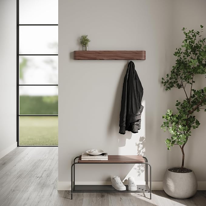 Kazai. Wall-Mounted Coat Rack 'Toke' - Modern Design with Hidden Wall Hooks - Solid Wood Veneer Panel Hanger - Walnut