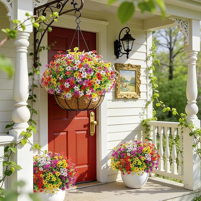 SHareconn 24 Bundles Artificial Flowers for Outdoors Spring Decoration, Fake Silk Realistic Faux Plants UV Resistant for Outside Planter Porch Patio Indoor Decor, RedPurpleYellowWhite