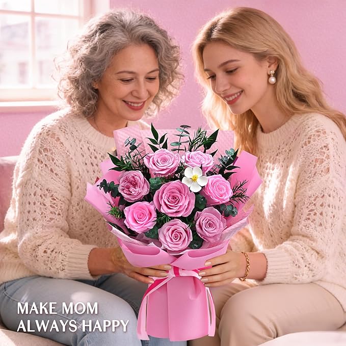 Forever Rose Flowers for Delivery, 8-Piece Preserved Roses Bouquet Birthday Gifts for Women, Long Lasting Purple Roses with Gift Box for Mom, Forever Flowers with Vase for Her Wife Girlfriend