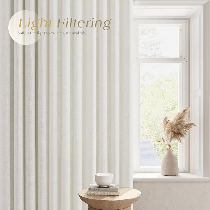 Nanspring Cream Linen Curtains 90 Inches Length for Living Room Dining Room Sunlight Filtering Minimalist Room Decor Grommet 2 Panels Window Sheer Curtain Modern Boho Neutral Muslin Look Drapes 52x90