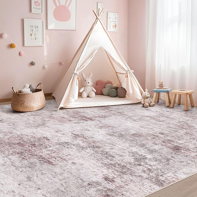 UERMEI 5x7 Area Living Room Rugs - Washable Neutral Modern Abstract Soft Thin Large Rug Indoor Floor No Slip Rug Carpet for Bedroom Under Dining Table Home Office Decor - Pink