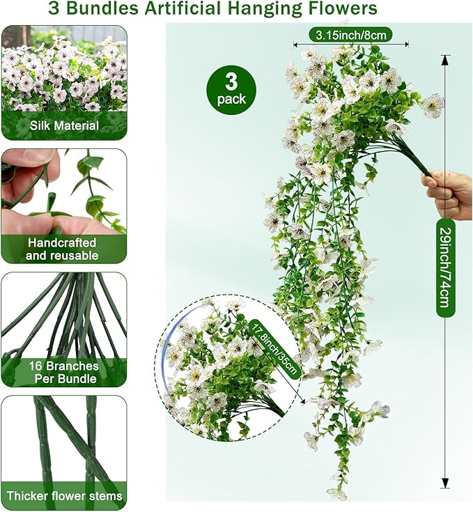 Fanfantoey 3Pcs Artificial Flowers for Outdoors, UV Resistant Fake Flowers, Realistic Artificial Hanging Flowers, Fake Plants Silk Daisy Vines for Spring Summer Outdoor Decor(White)