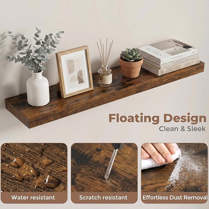 Venusmiles Floating Shelves for Wall, 32 Inch Floating Shelves Set of 2, 6.5" D Wooden Wall Mounted Display Shelves with Invisible Brackets for Living Room, Bedroom, Bathroom, Kitchen Decor, Brown