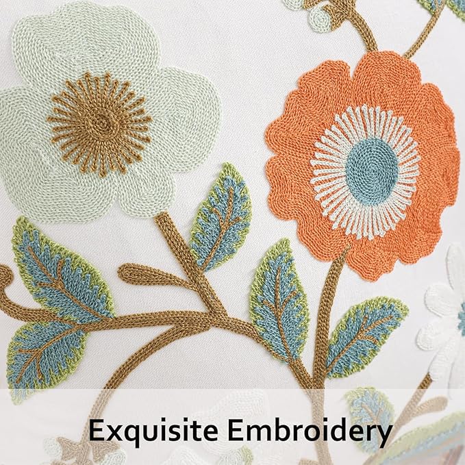Green and Orange Throw Pillow Covers 18x18 Set of 2 Flowers with Leaves Embroidery Pillow Cushion Case Spring Summer Decorative Farmhouse Pillowcases Square Rustic Floral Pillow Case