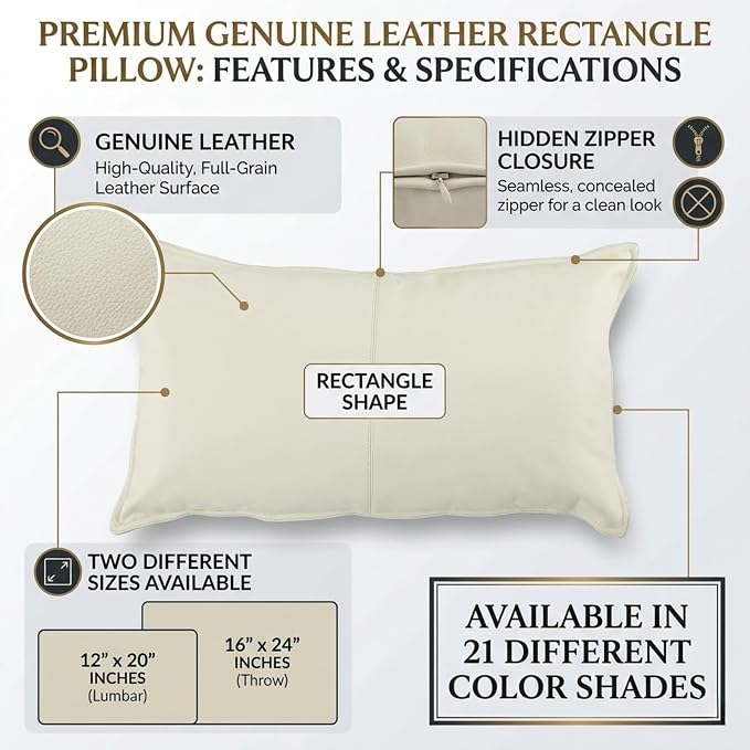 Genuine Leather Pillow Cover Case for Lumbar Throw Couch Pillows - Modern Farmhouse Decorative Sofa Thick & Soft Cushion Covers (White, 12" x 20")