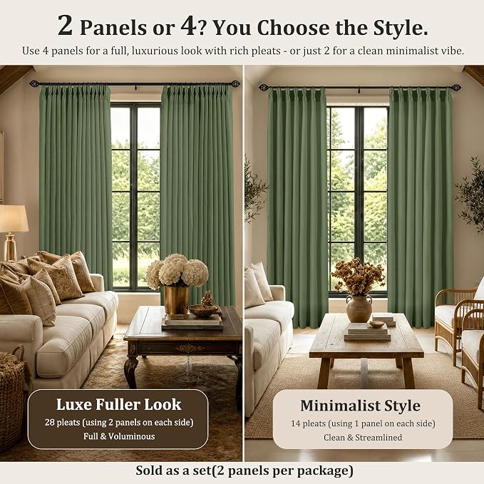 Pinch Pleated Linen Curtains 96 Inch, 2 Panels Premium 400GSM Memory Trained Semi Sheer Light Filtering Window Drapes for Living Room Bedroom Dining, Back Tab & Adjustable Hooks Rings, Olive Green