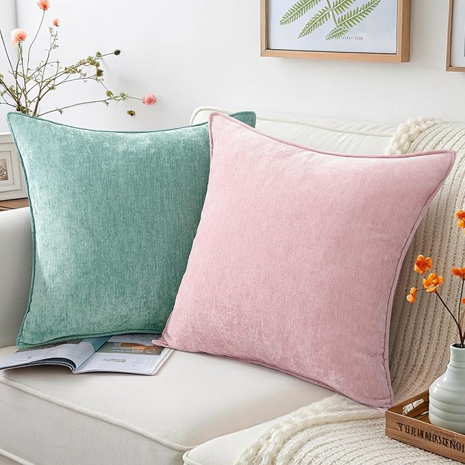 decorUhome Summer Couch Euro Sham Throw Pillow Covers 22x22 Set of 2, Decorative Soft Velvet Modern Cozy Chenille Pillow Cases with Elegant Design for Sofa Bed Living Room Home Decor, Aqua Haze
