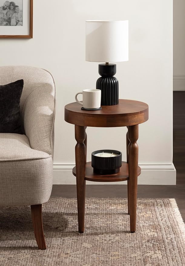 Kate and Laurel Ardentown Modern Round Wood Side Table, 16 x 16 x 24, Walnut Brown, Turned Leg Two-Tier End Table for Use as a Bedroom Nightstand or Living Room Plant Stand Table